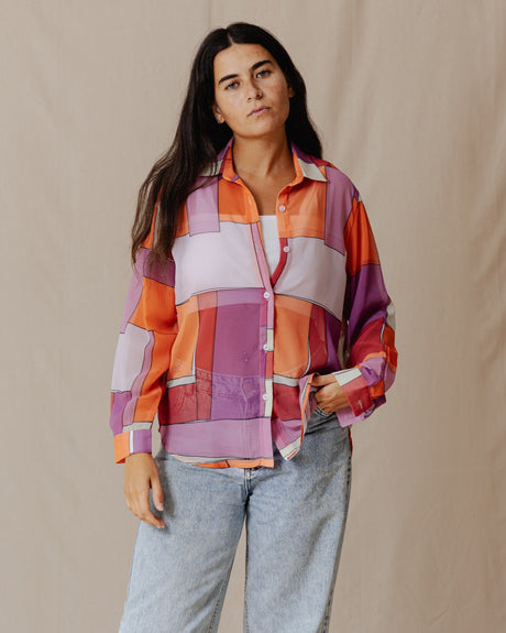 Patchwork Chiffon Shirt Orange X Purple - PALMA