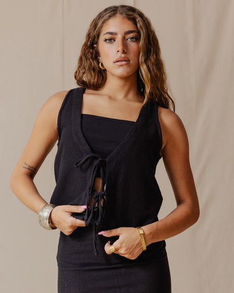 Tie Front Knitted Vest Black - PALMA