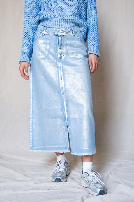 Metallic Denim Skirt With A Slit - PALMA