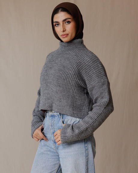 High Neck Cropped Pullover Grey - PALMA