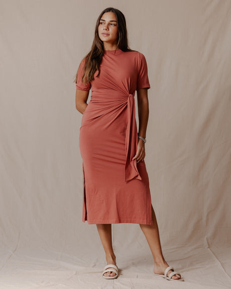 Side Tie Cotton Dress Brick - PALMA