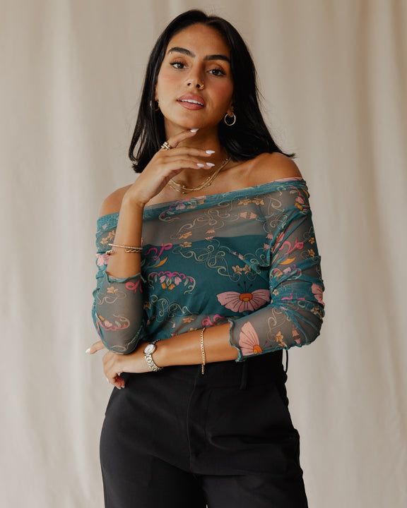 Petal Muse In Teal Mesh Top