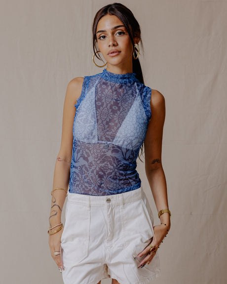 Floral Fusion Mesh Top Blue - PALMA