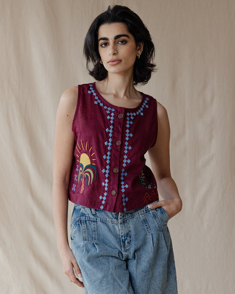 Sunflare Gecko Embroidered Vest Burgundy - PALMA