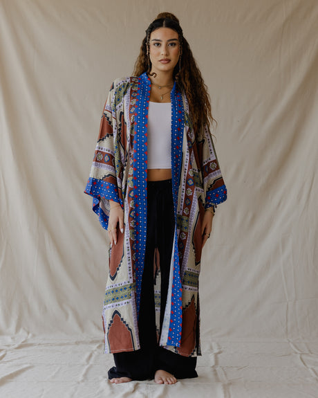 Tiles Cotton Kimono Brown and Blue - PALMA