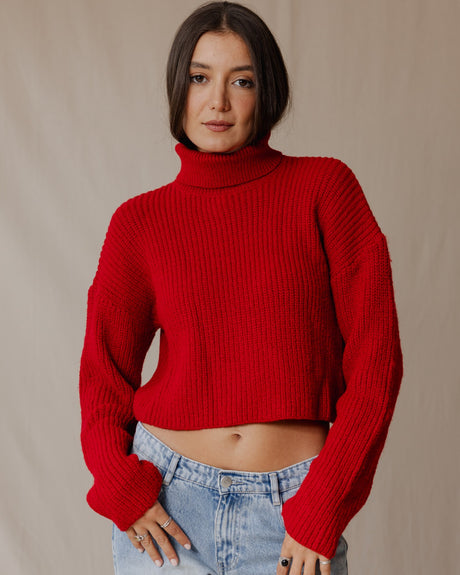 High Neck Cropped Pullover Red - PALMA