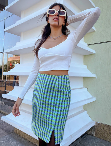 Lime Houndstooth Knee Length Skirt - PALMA