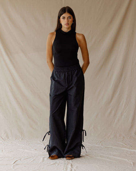 Side-tie Linen Black Pants - PALMA