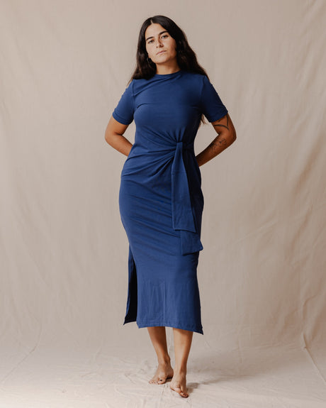 Side Tie Cotton Dress Blue - PALMA