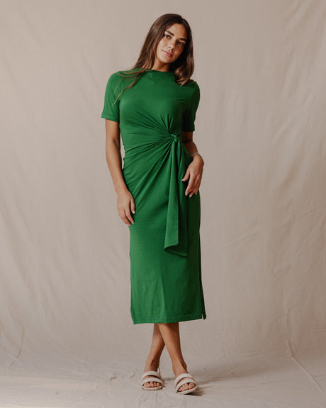 Side Tie Cotton Dress Green - PALMA
