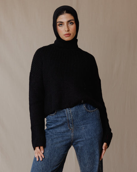 High Neck Cropped Pullover Black - PALMA
