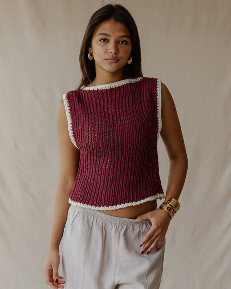 Contrast Crochet Top Burgundy - PALMA