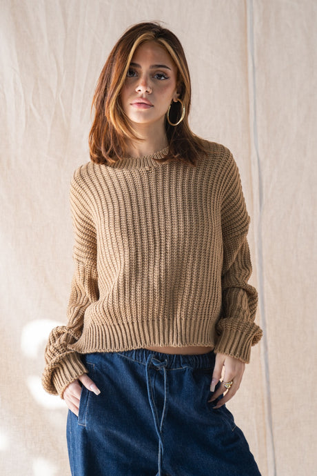 Knitted Cropped Sweater In Camel - PALMA