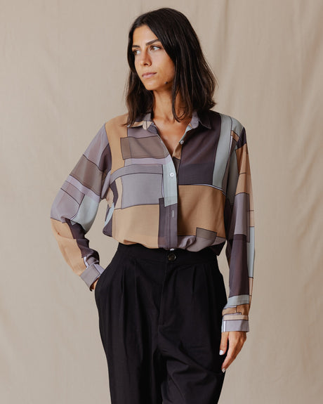 Patchwork Chiffon Shirt In Brown Shades - PALMA